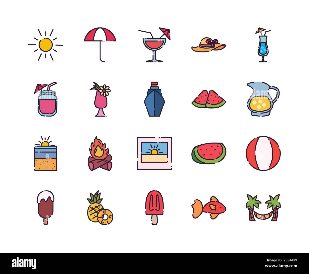 fill style icon set design, Summer vacation tropical relaxation outdoor ...
