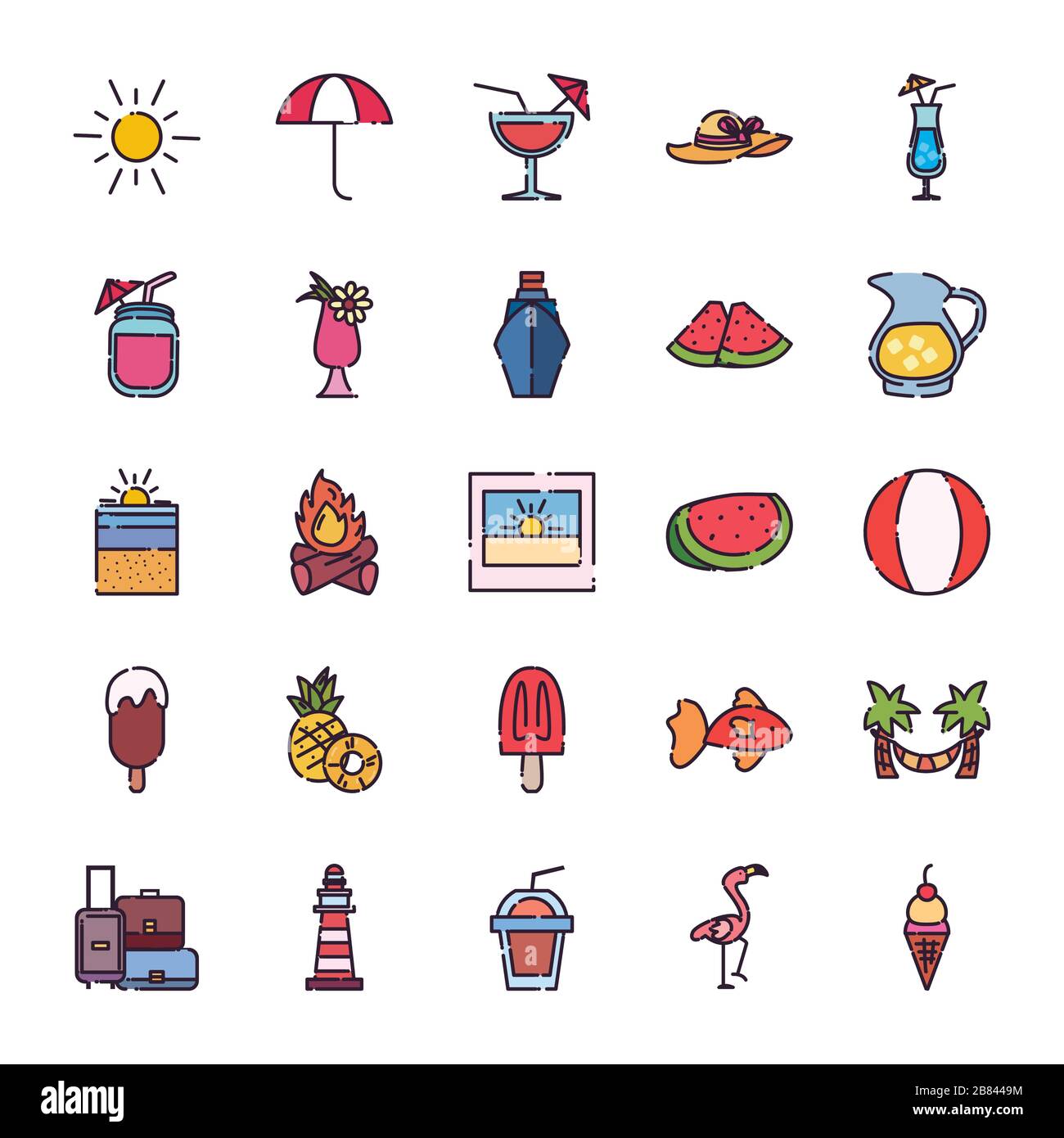 fill style icon set design, Summer vacation tropical relaxation outdoor ...