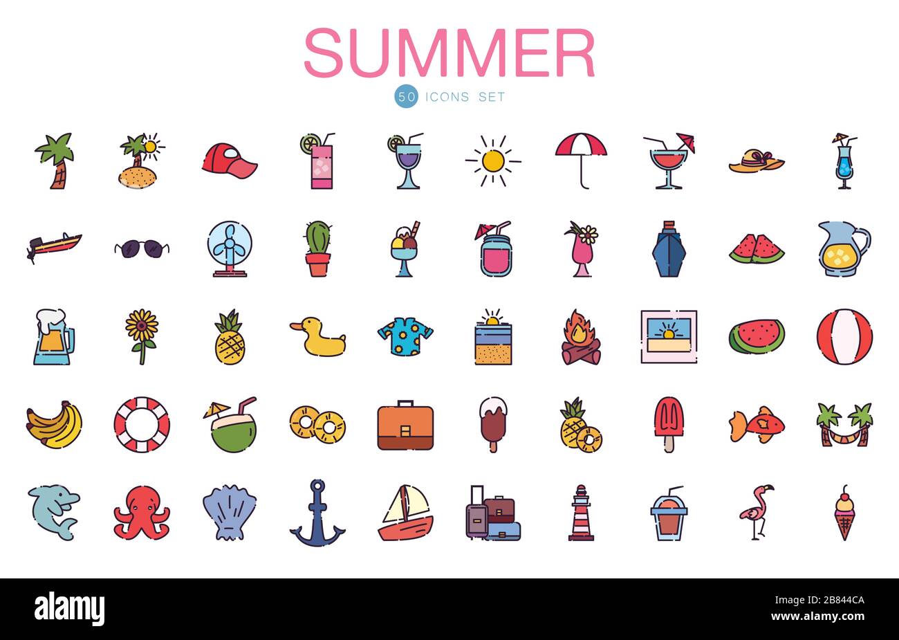 fill style icon set design, Summer vacation tropical relaxation outdoor ...