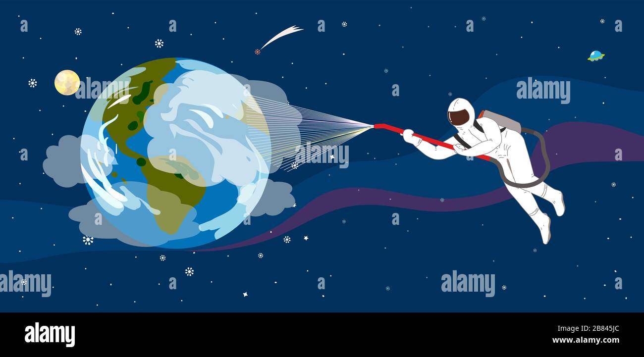 Astronaut hanging in space spraying hygienic spray to clean the earth from Corona virus