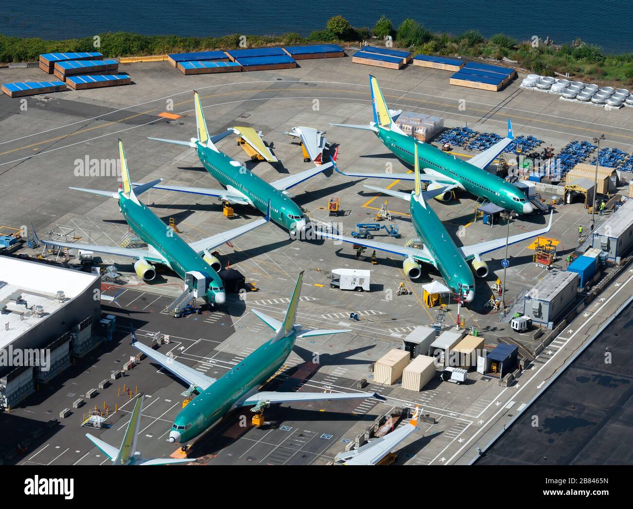 Aerial view of multiple Boeing 737 MAX and NG parked outside the company factory at Renton Airport. Aircraft model grounded due to two accidents. Stock Photo