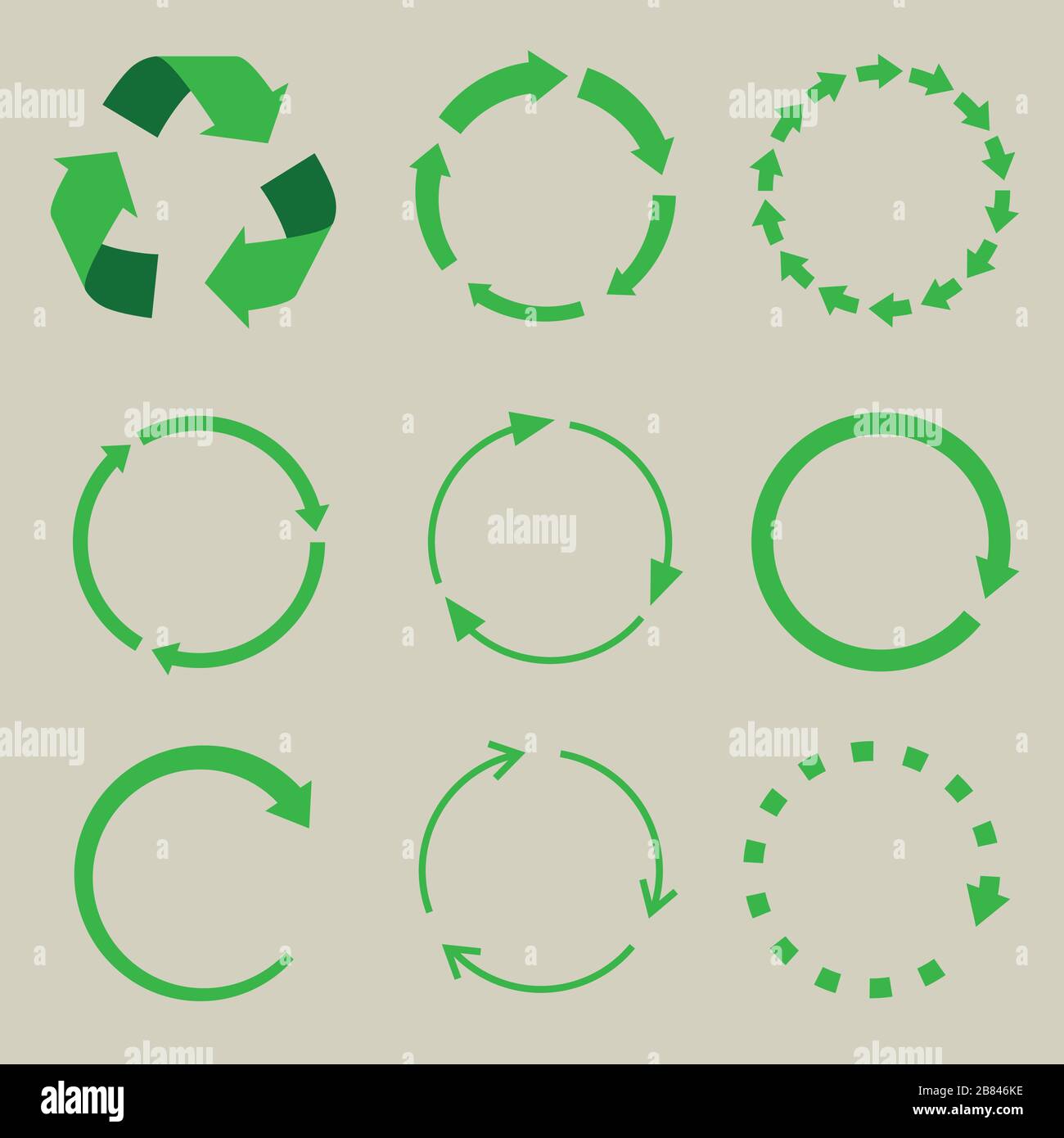 Recycled symbol. Isolated recyled symbol vector set of arrows. Cycle arrows green color Stock