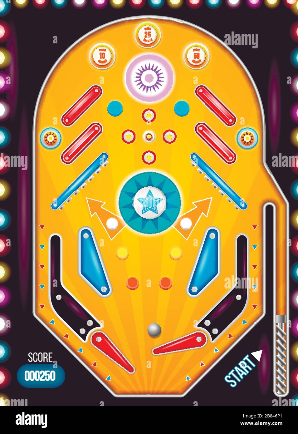 Pin ball machine Cartoon pinball machine top view with in vintage Pin ball machine Cartoon pinball machine top view with in vintage