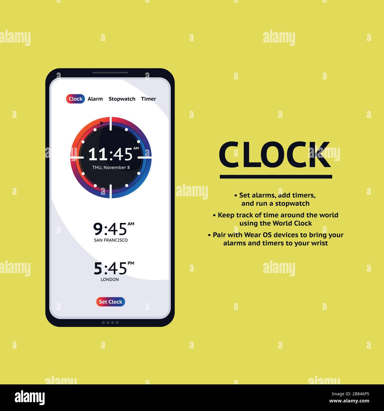 Timer clock mobile application interface. Alarm stopwatch timer ui mobile phone. Stock Vector