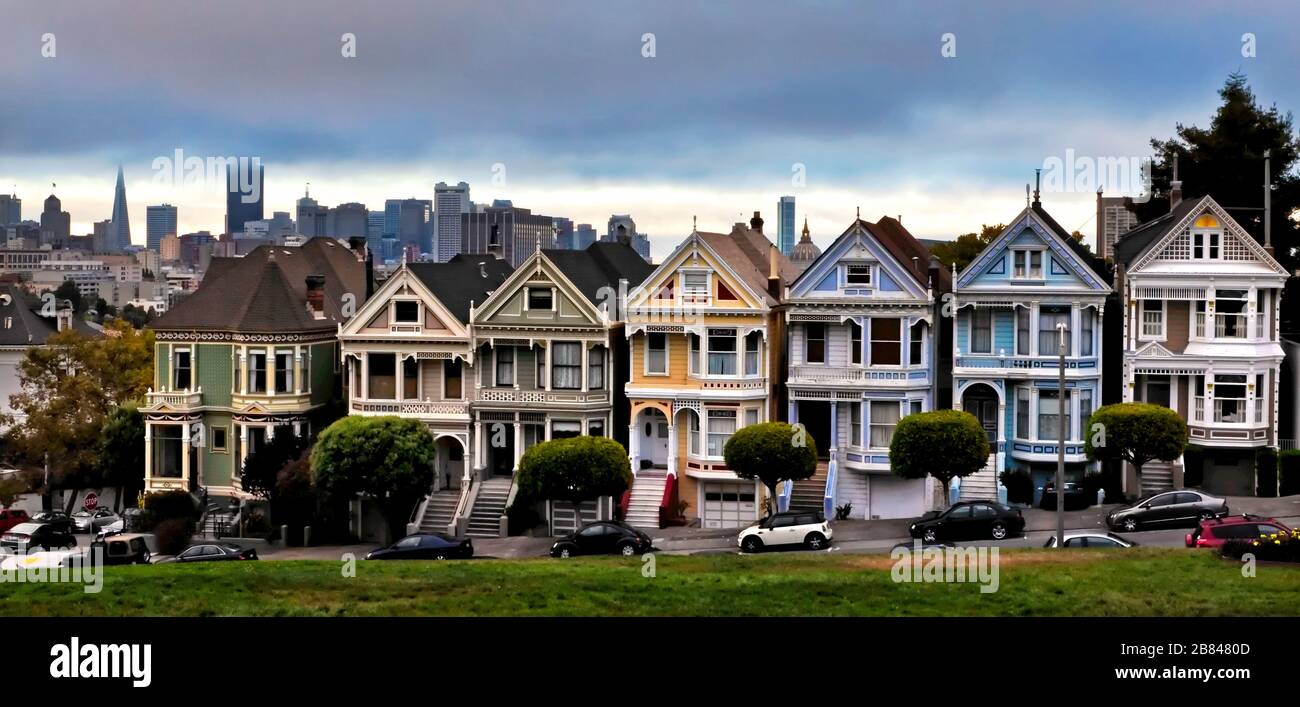 The Seven Sisters (Painted Ladies) Victorian houses and city skyline in