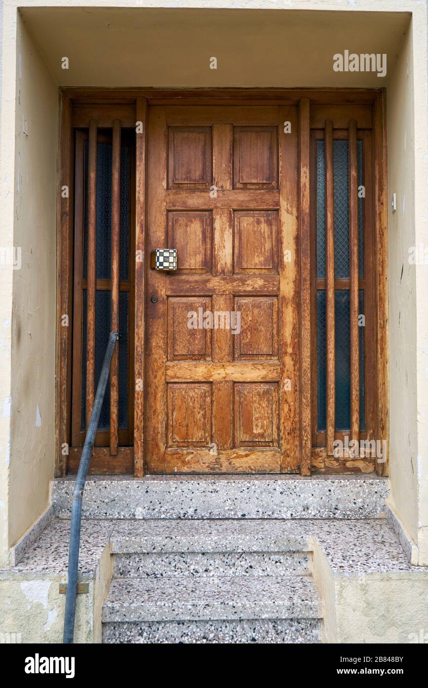 The stylish wooden door in the house of Pano Lefkara village. Larnaca District. Cyprus. Stock Photo