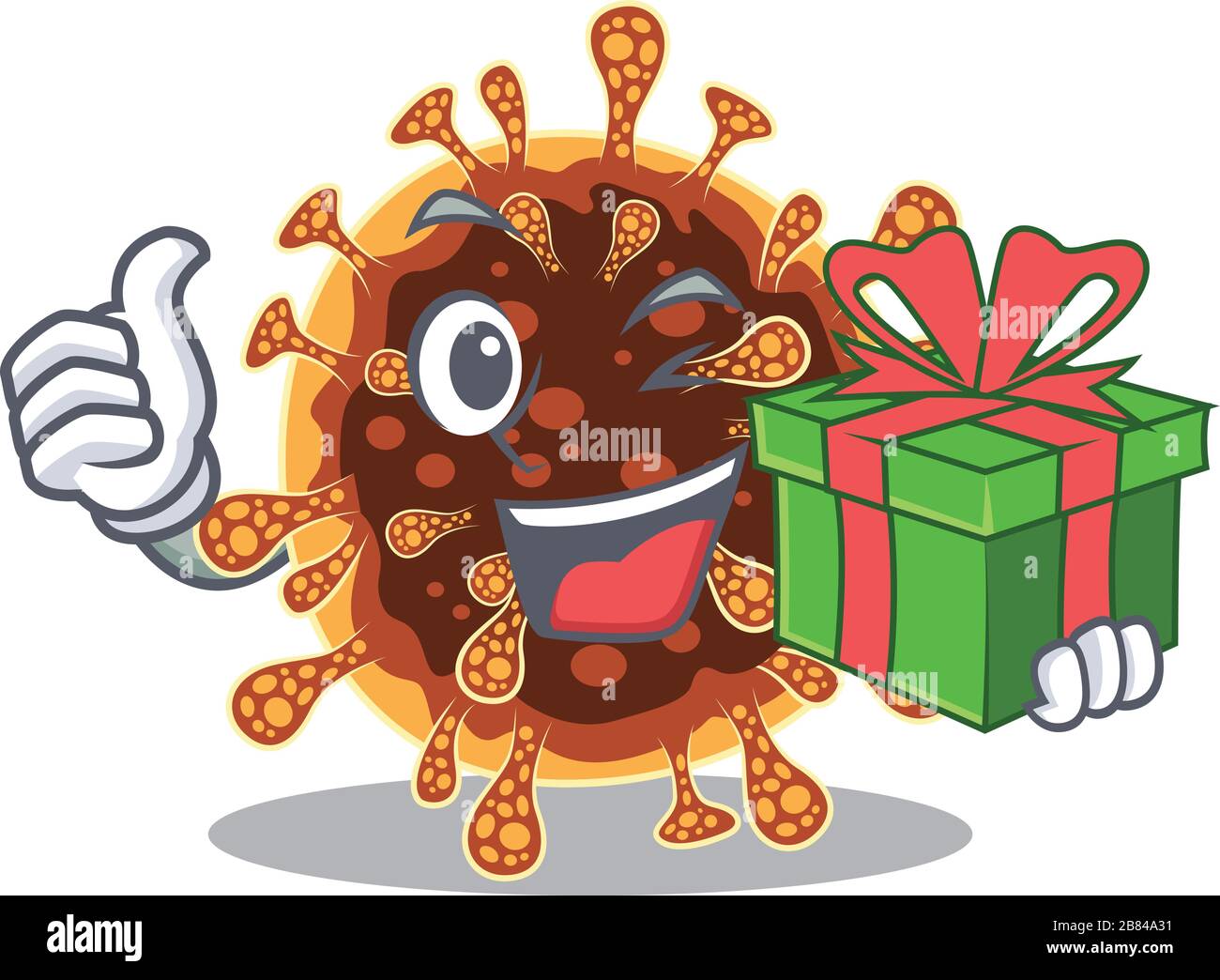 Smiley gamma coronavirus cartoon character having a gift box Stock Vector