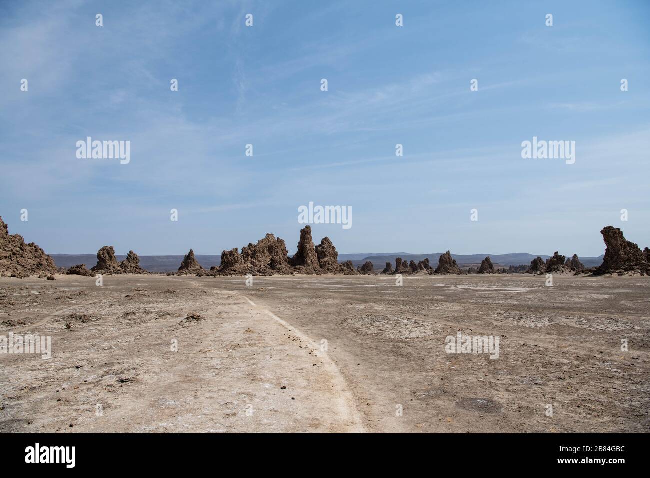 Africa, Djibouti, Lake Abbe. Moonlike landscape view of rock formation in lake Abbe. Stock Photo