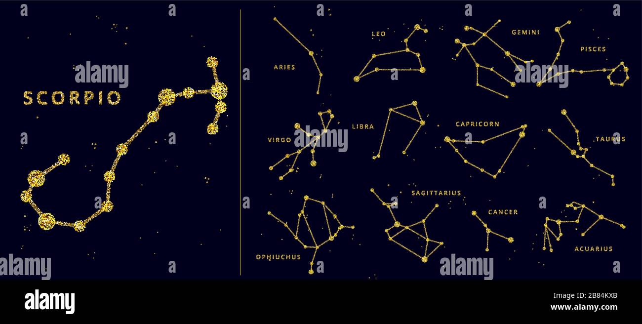 Download Vector Golden And Glitter Horoscope Signs And Constellation Zodiac Celestial Signs Stylized As Shiny Sparkle Line And Dots Cancer Gemini And Other Stock Vector Image Art Alamy