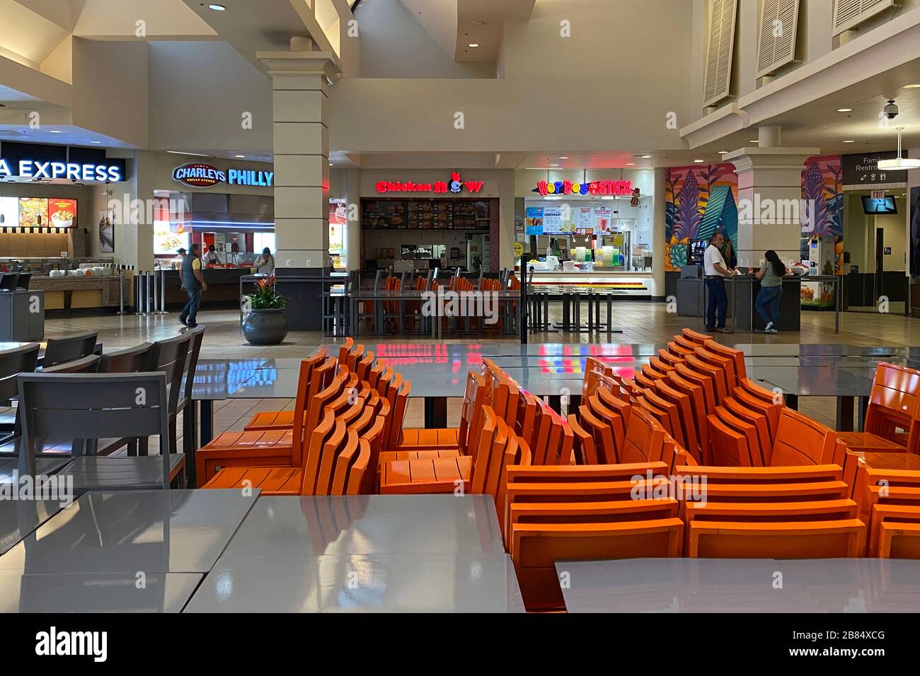 General overall view of the food court at The Shops at Montebello mall in  the wake of the coronavirus pandemic outbreak, Wednesday, March 18, 2020,  in Montebello, Calif. California Governor Gavin Newsom
