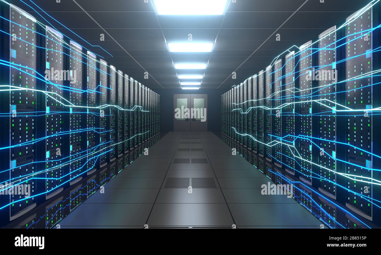 3D server room/ data center - storage, hosting, fast Internet concept ...