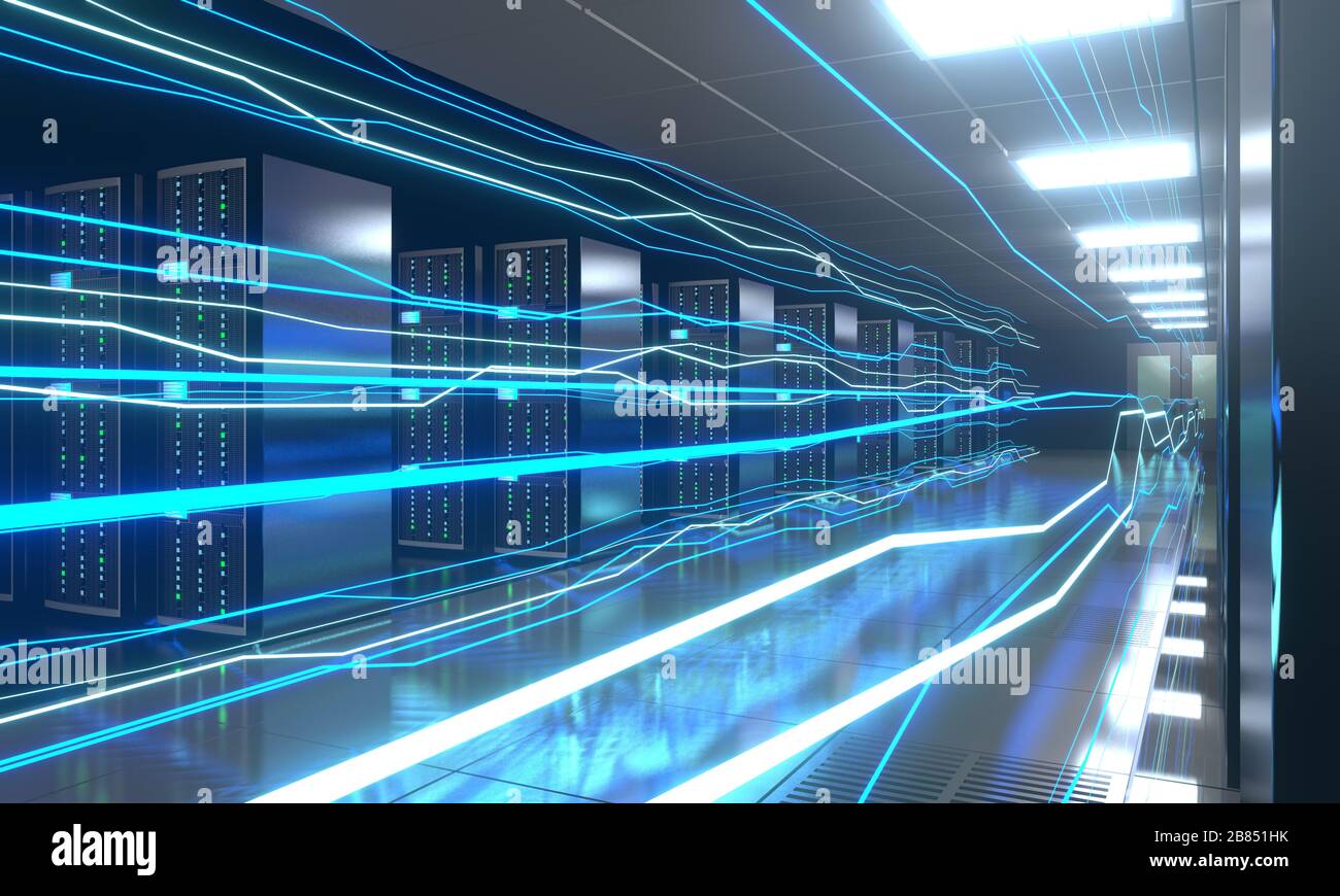 3D server room/ data center - storage, hosting, fast Internet concept ...