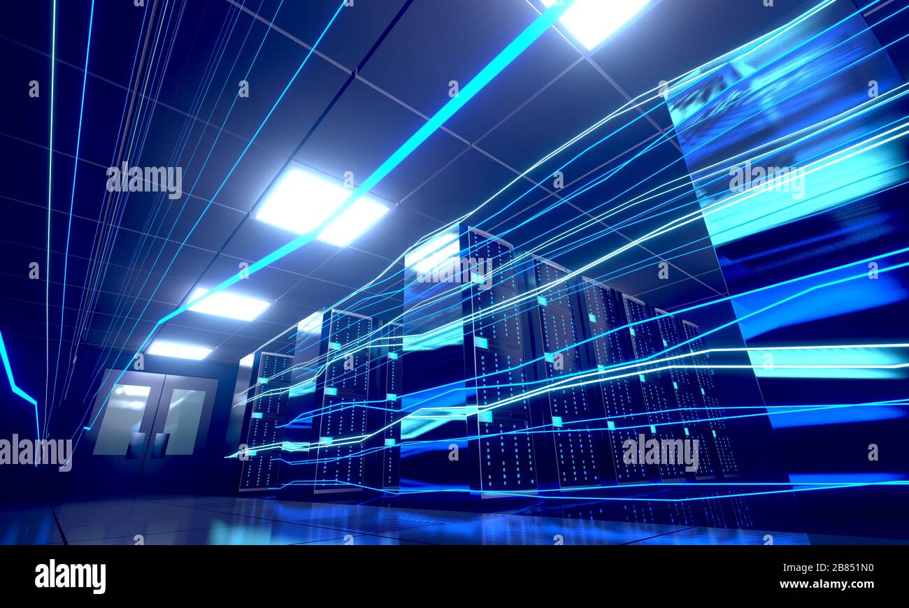 3D server room/ data center - storage, hosting, fast Internet concept ...