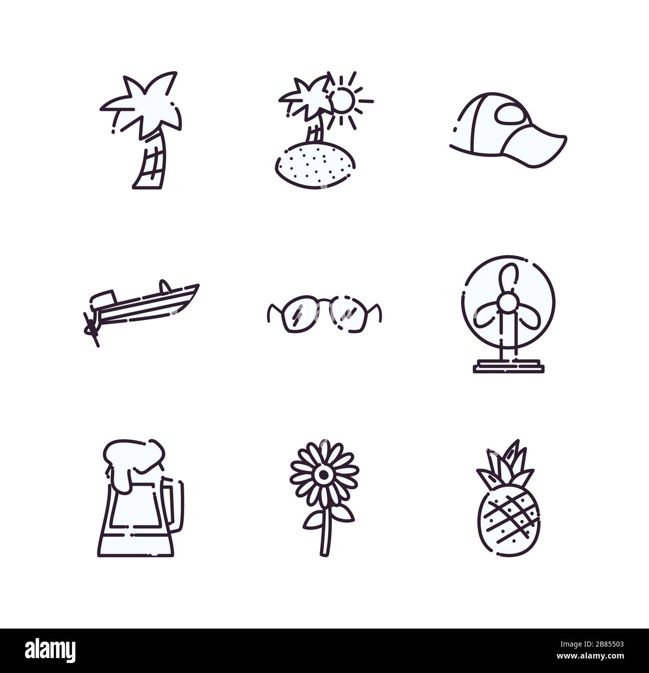 line style icon set design, Summer vacation tropical relaxation outdoor ...