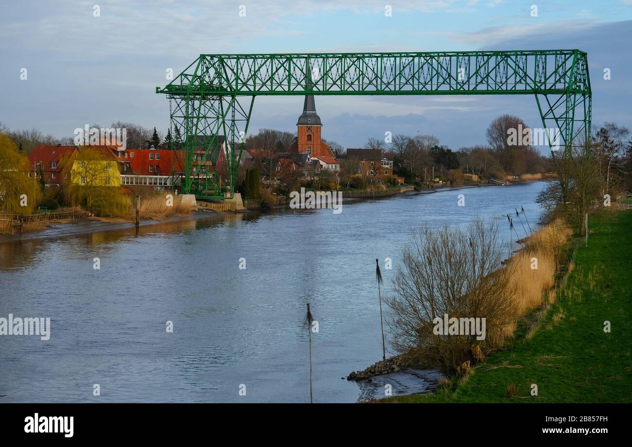 Osten Hemmoor, Germany. 19th Mar, 2020. The 111-year-old floating ferry. The ferry transports visitors from the municipality of Osten across the river Osten to the town of Hemmoor by gondola. Credit: Patrik Stollarz/dpa/Alamy Live News Stock Photo