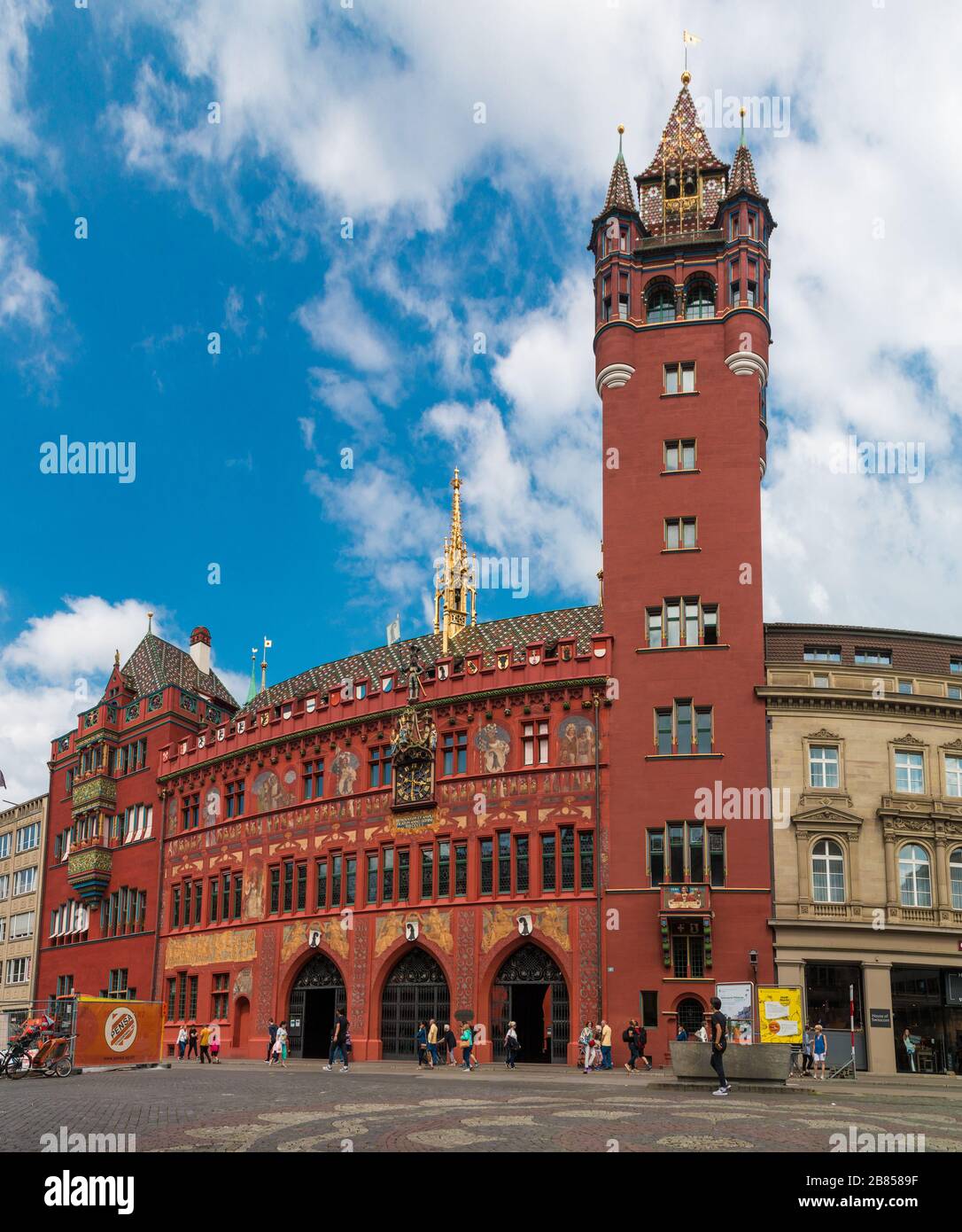 Great full view of the famous Basel Town Hall in an extreme wide-angle perspective on a nice day with blue sky. It is the seat of the Basel government... Stock Photo
