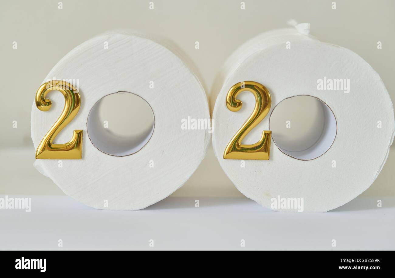 Toilet rolls, arranged to depict the year 2020. Stock Photo