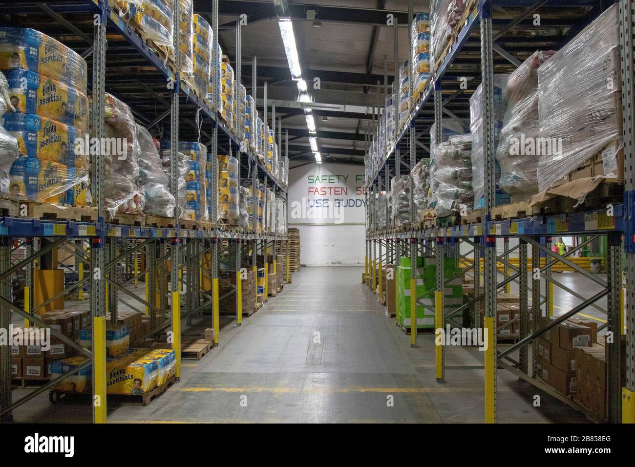 Semi-perishable goods sit on shelves at the Germersheim Central Distribution Center in Germersheim, Germany, March 17, 2019.  The center is over 600,000 square feet with a capacity of over 9,000 items. (U.S. Army photo by Staff Sgt. Ryan Rayno, 7th Mobile Public Affairs Detachment) Stock Photo