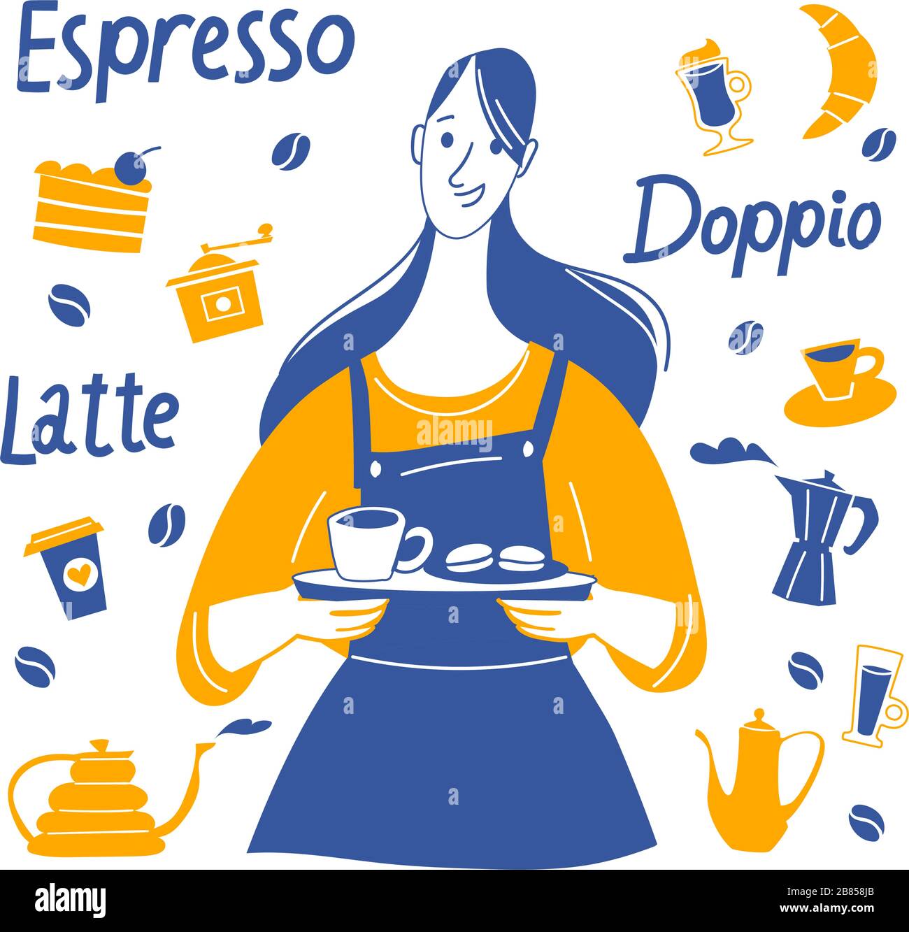 Espresso motivational vector design with barista and coffee stuff Stock Vector