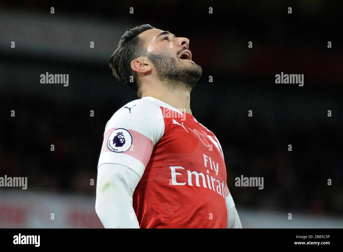 Sead Kolasinac of Arsenal rues a missed chance during the Premier League match between Arsenal and Wolverhampton Wanderers at Emirates Stadium in London, UK - 11th November 2018 Stock Photo