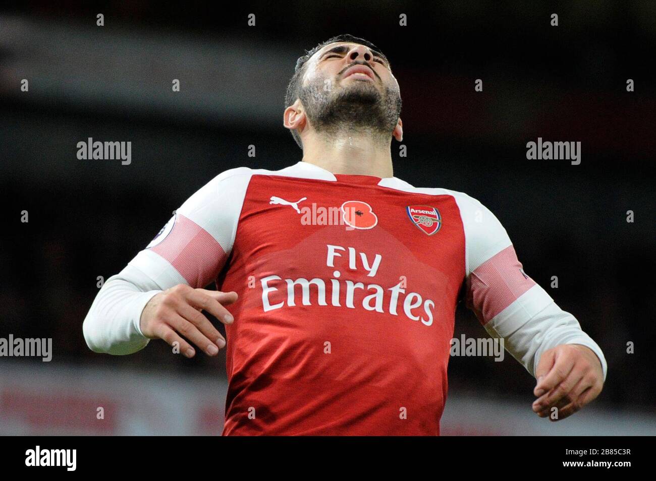Sead Kolasinac of Arsenal rues a missed chance during the Premier League match between Arsenal and Wolverhampton Wanderers at Emirates Stadium in London, UK - 11th November 2018 Stock Photo