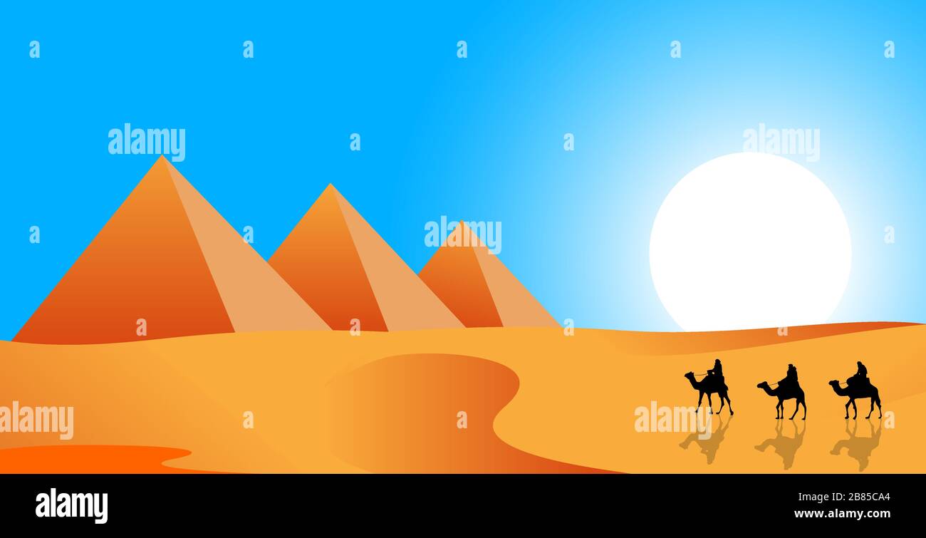 Camel caravan follows in the desert. Pyramids, sand desert against the blue sky and sun. Stock Vector