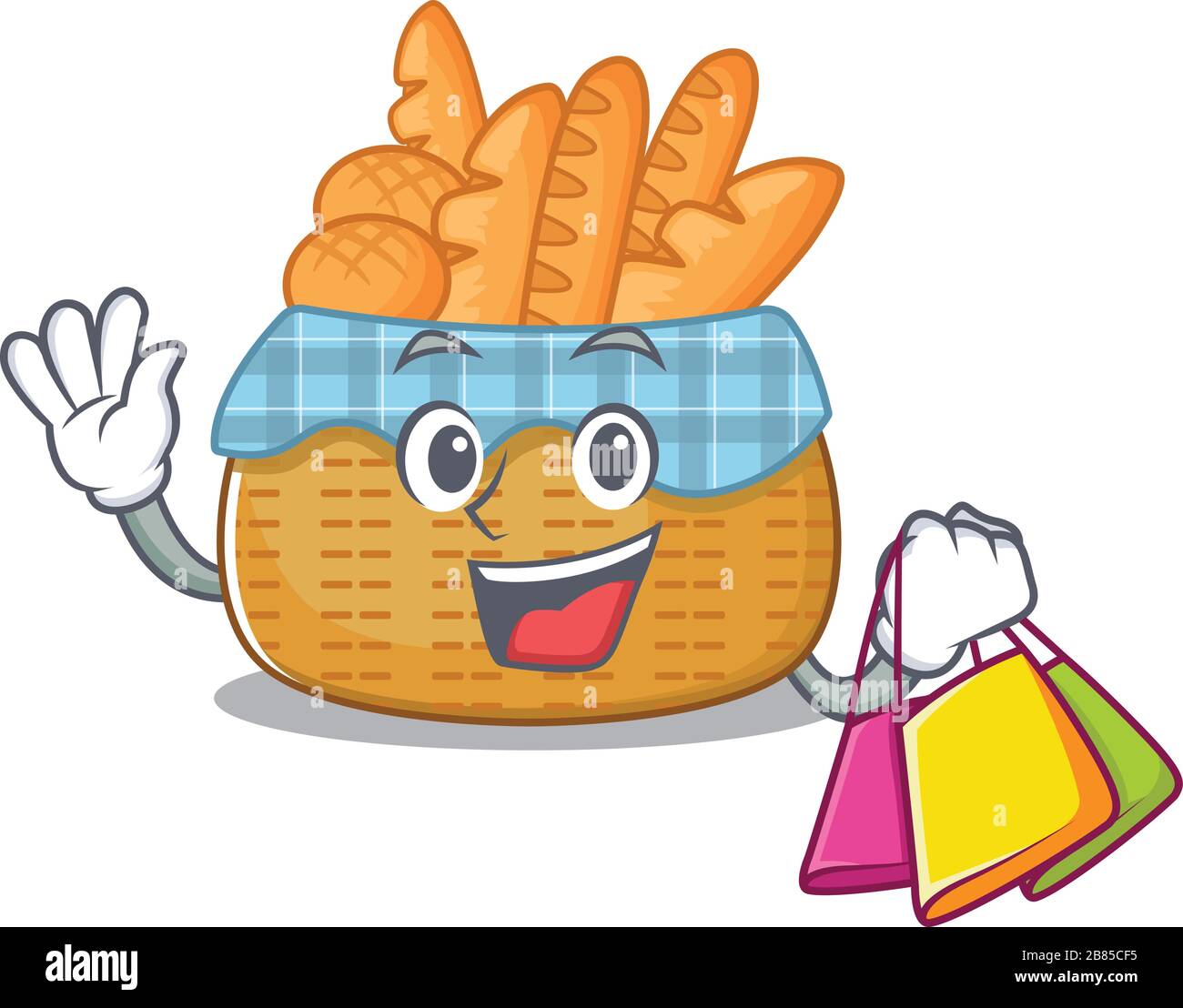 Happy rich bread basket mascot design waving and holding Shopping bag