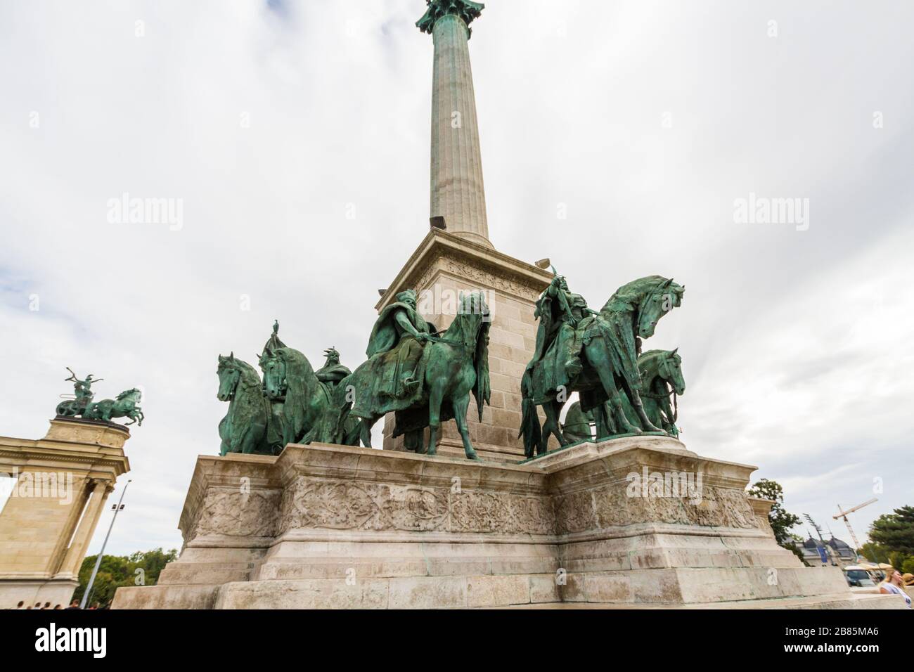 Budapest, Hungary – Column and the statues of the Seven chieftains of the Magyars at Heroes Square, landscape,  Budapest Hungary, landscape on Septemb Stock Photo