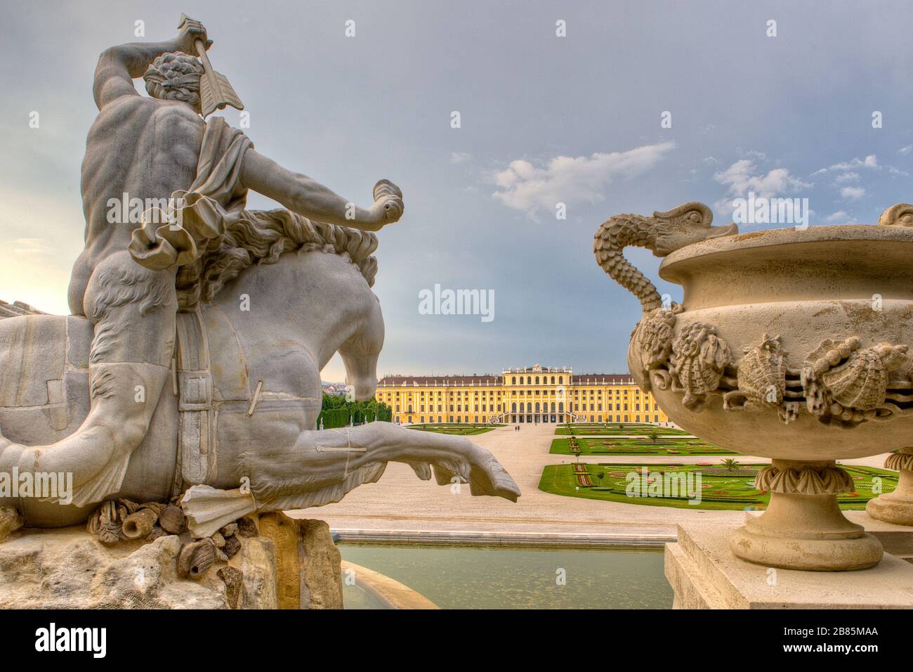 Schönbrunn  Palace with the Neptune Fountain in the foreground Stock Photo