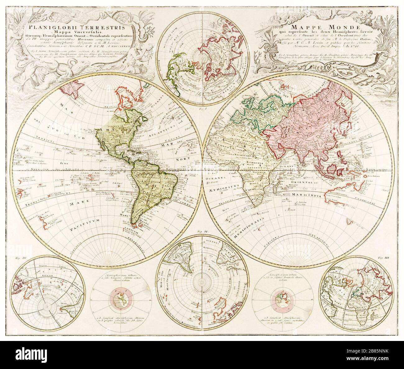 Planiglobii Terrestris Mappa Universalis (1746) by Johann Baptist Homann..jpg - 2B85NNK Stock Photo