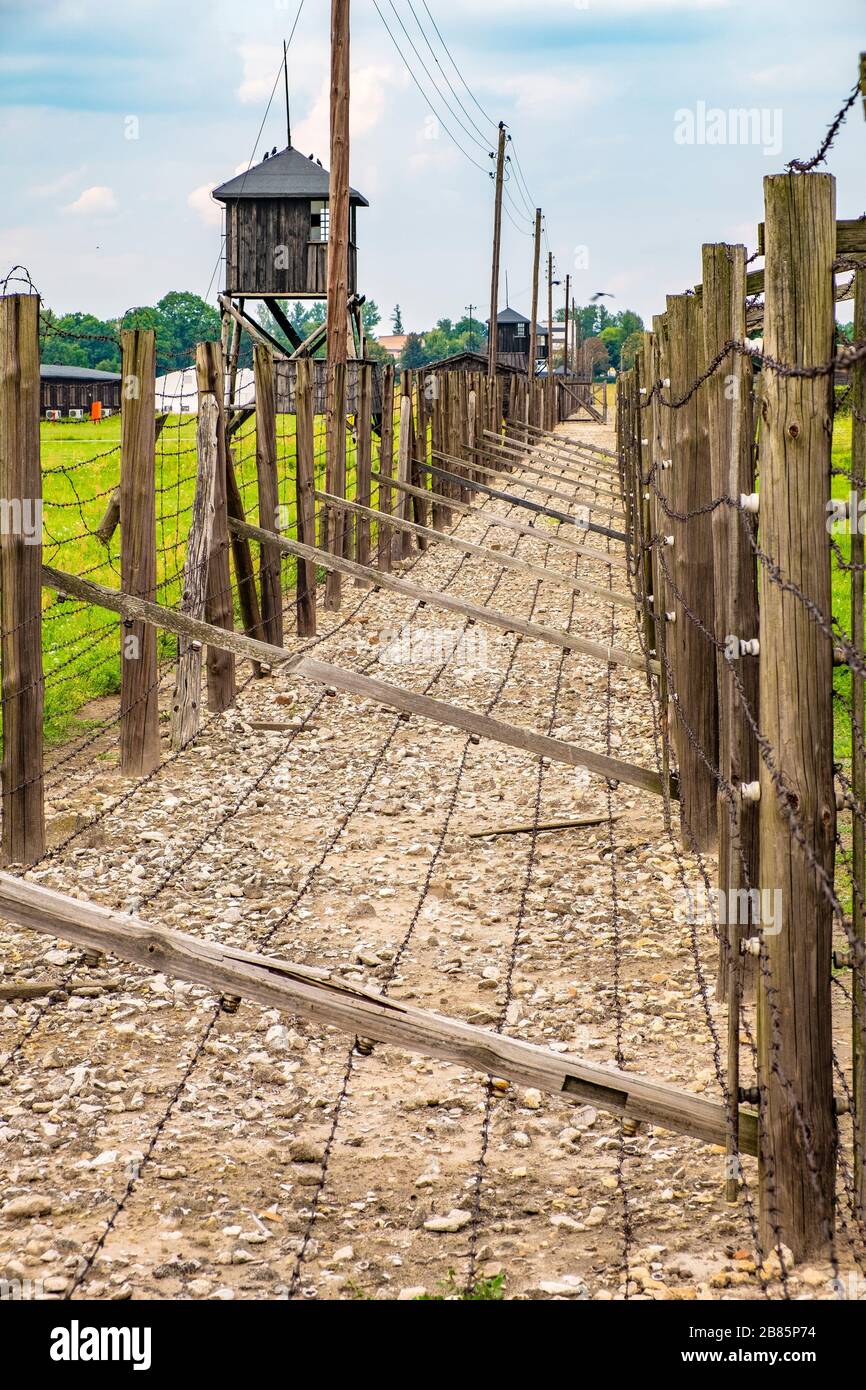 Lublin, Lubelskie / Poland - 2019/08/17: Barbed-wire fences of the Majdanek KL Lublin Nazis concentration camp - Konzentrationslager Lublin Stock Photo