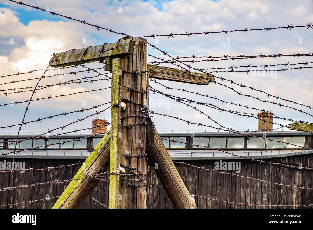 Lublin, Lubelskie / Poland - 2019/08/17: Barbed-wire fences of the Majdanek KL Lublin Nazis concentration camp - Konzentrationslager Lublin Stock Photo