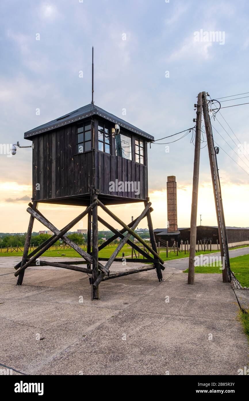 Lublin, Lubelskie / Poland - 2019/08/17: Guards watch tower in Majdanek KL Lublin Nazis concentration and extermination camp - Konzentrationslager Stock Photo