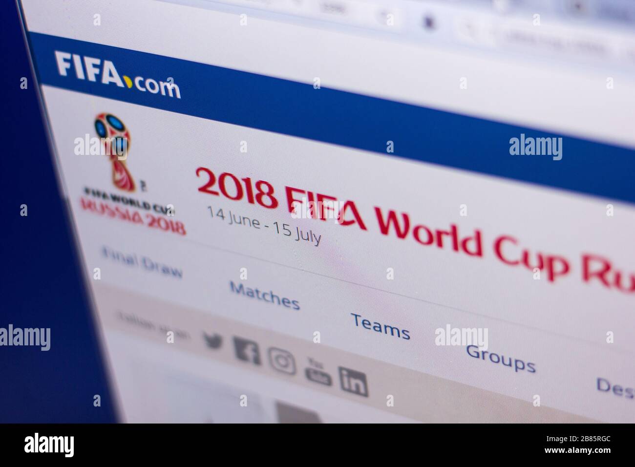 Ryazan, Russia - March 01, 2018 - Official page of 2018 FIFA World Cup Russia at the display of PC Stock Photo