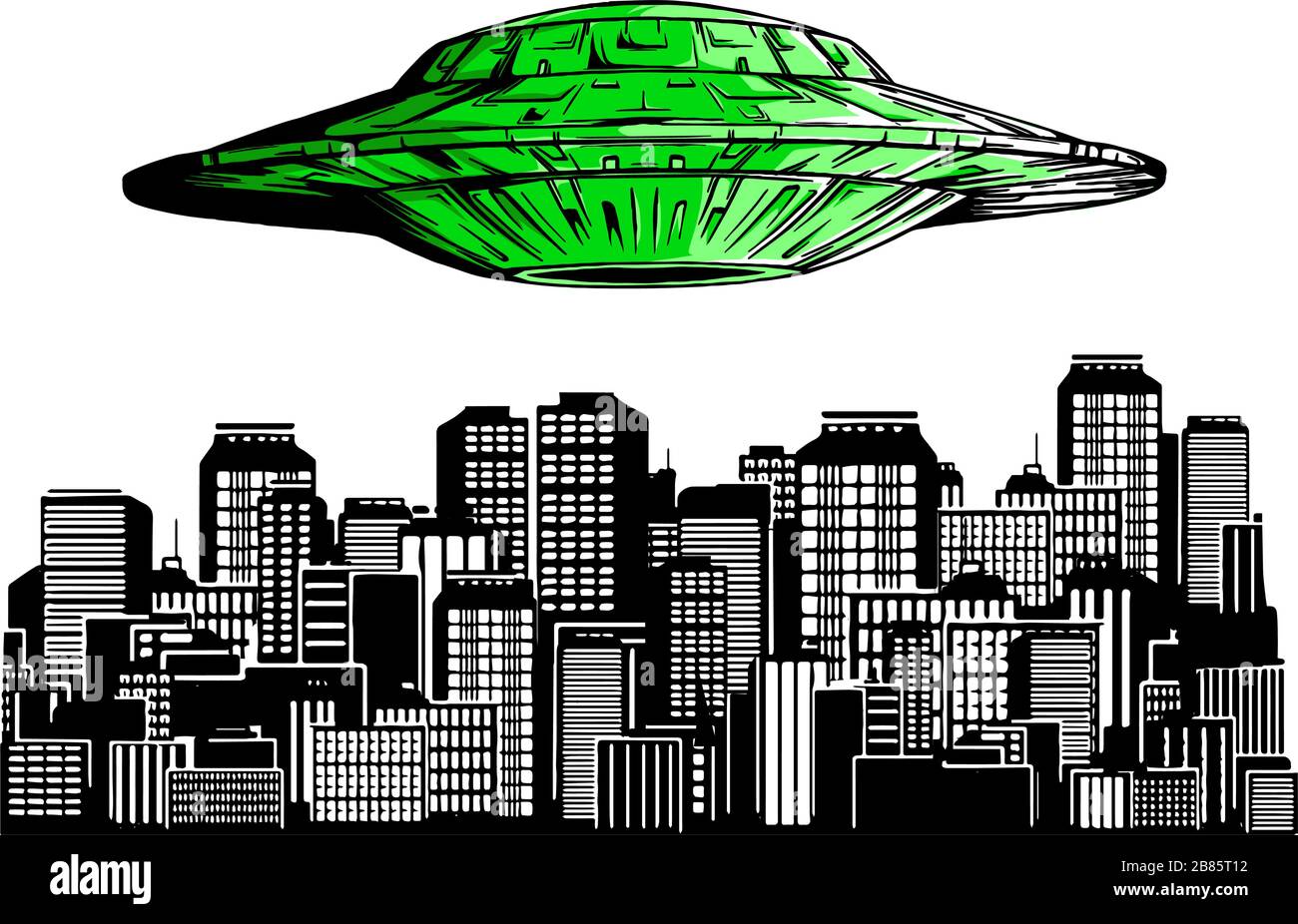 Ufo hiring at night city, search professional, alien spaceship flying above skyscrapers and empty road in megapolis lighting with bright ray, human Stock Vector