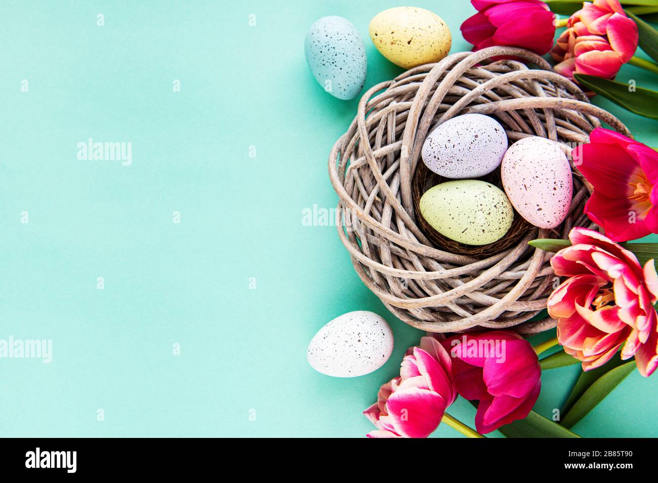 Easter background with colorful eggs in nest and pink tulips on a ...