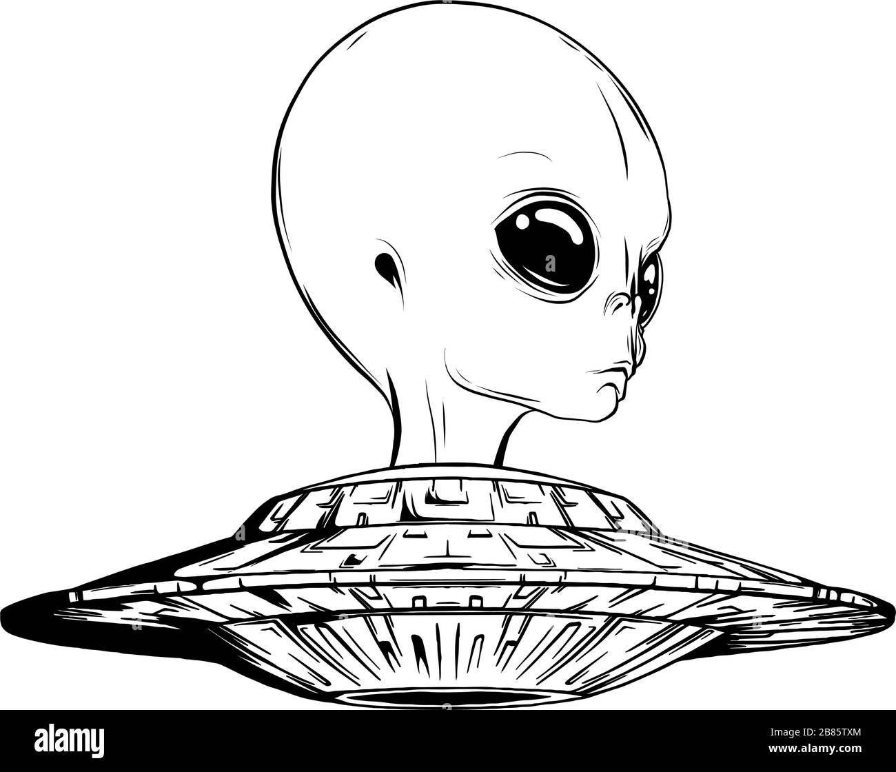 Aliens and ufo vector objects and design elements in monochrome style isolated on white background Stock Vector