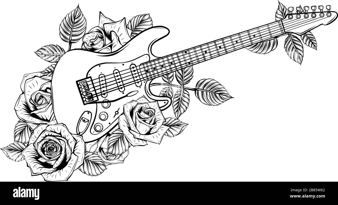 Electric guitar, roses and music notes. vector Stock Vector