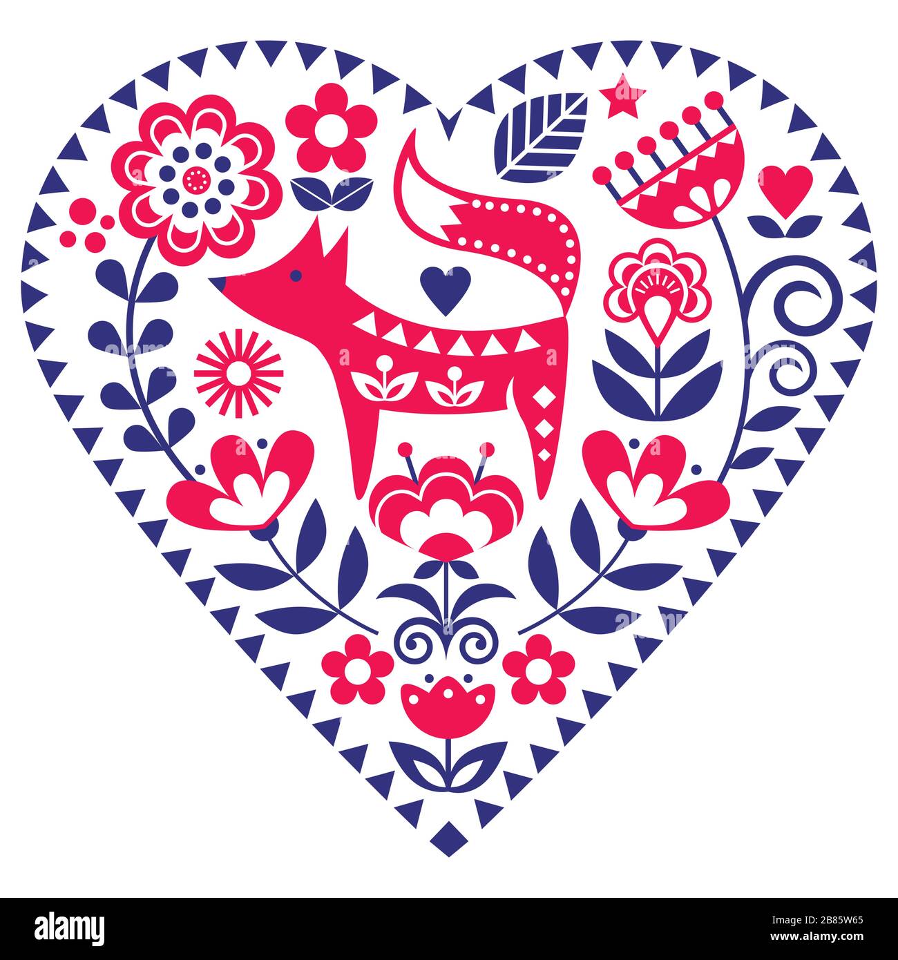 Scandinavian heart shape folk art vector pattern with flowers and fox ...