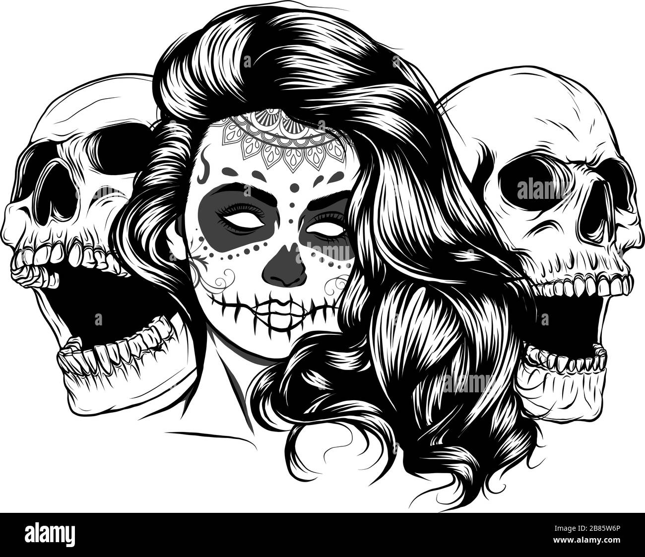A single color vector illustration of a beautiful woman with a screaming skull Stock Vector