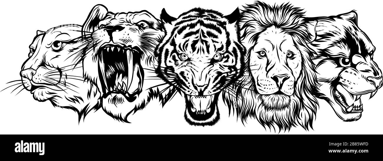 Wild Animals Heads Set. Lion, Tiger, Jaguar, Lynx - Vector Mascot Logo Design Stock Vector