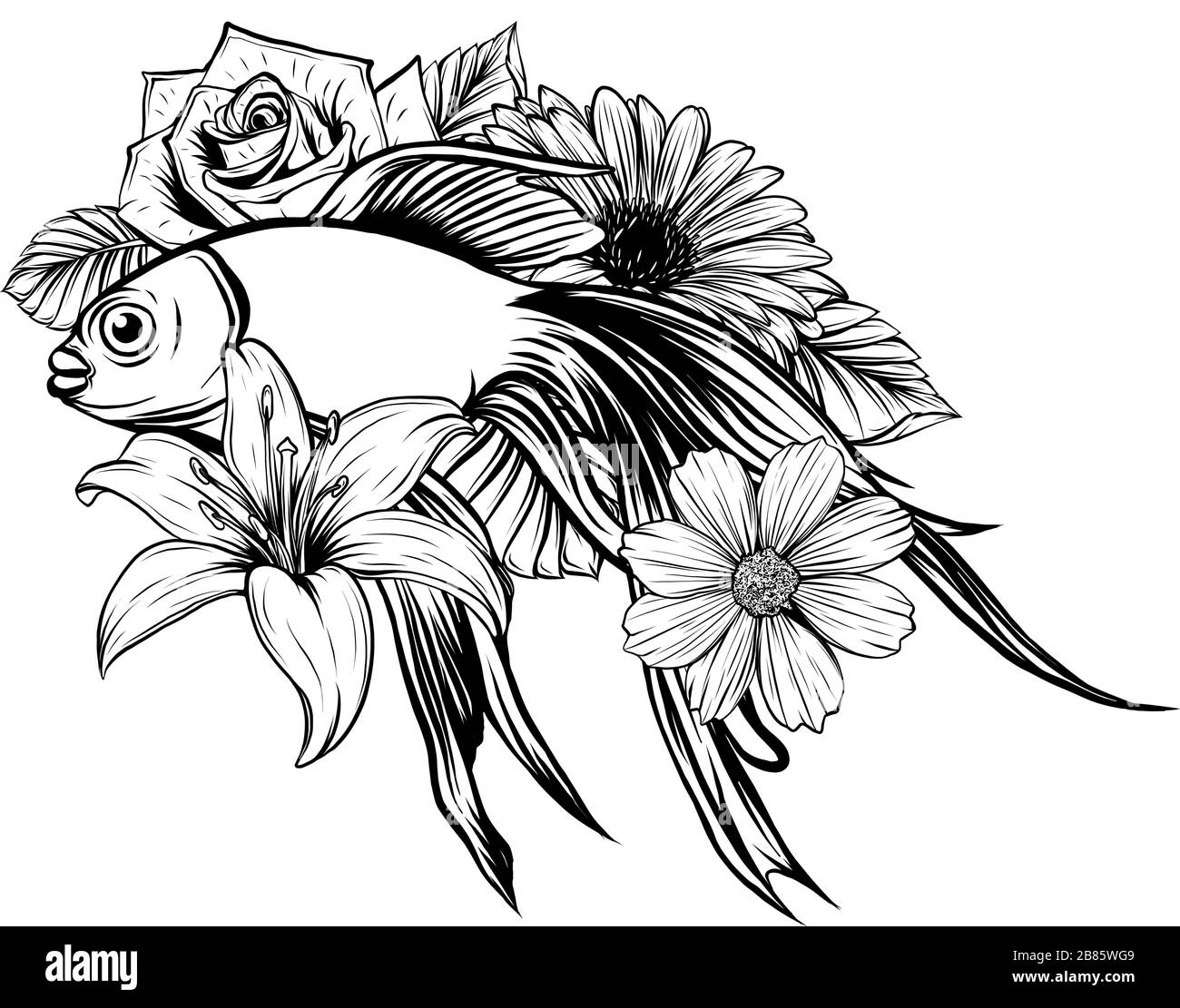 Goldfish swimming. Zentangle stylized cartoon isolated on white background. Stock Vector