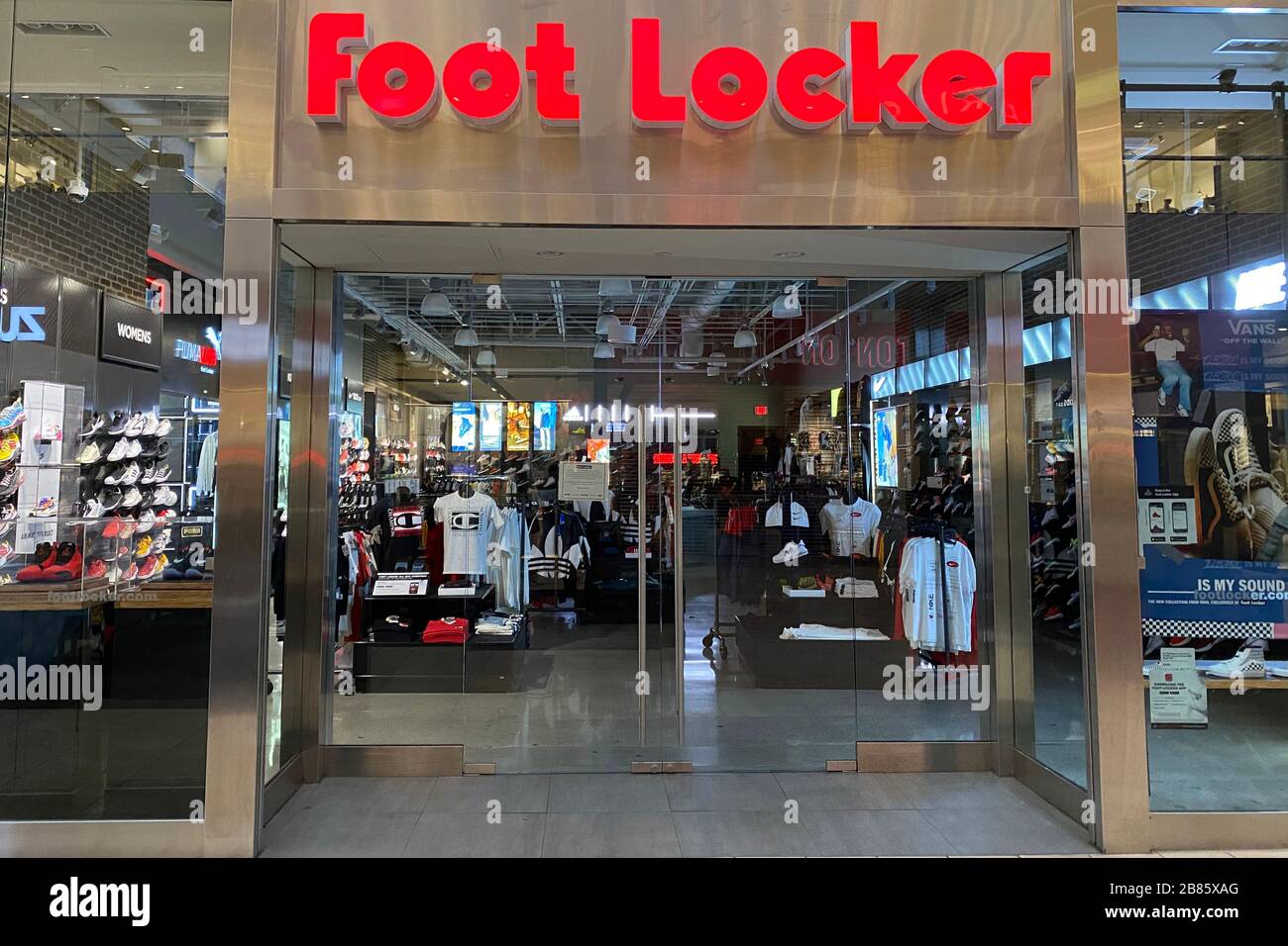 General overall view of closed Foot Locker store at The Shops at Montebello  mall in the wake of the coronavirus pandemic outbreak, Wednesday, March 18,  2020, in Montebello, Calif. California Governor Gavin