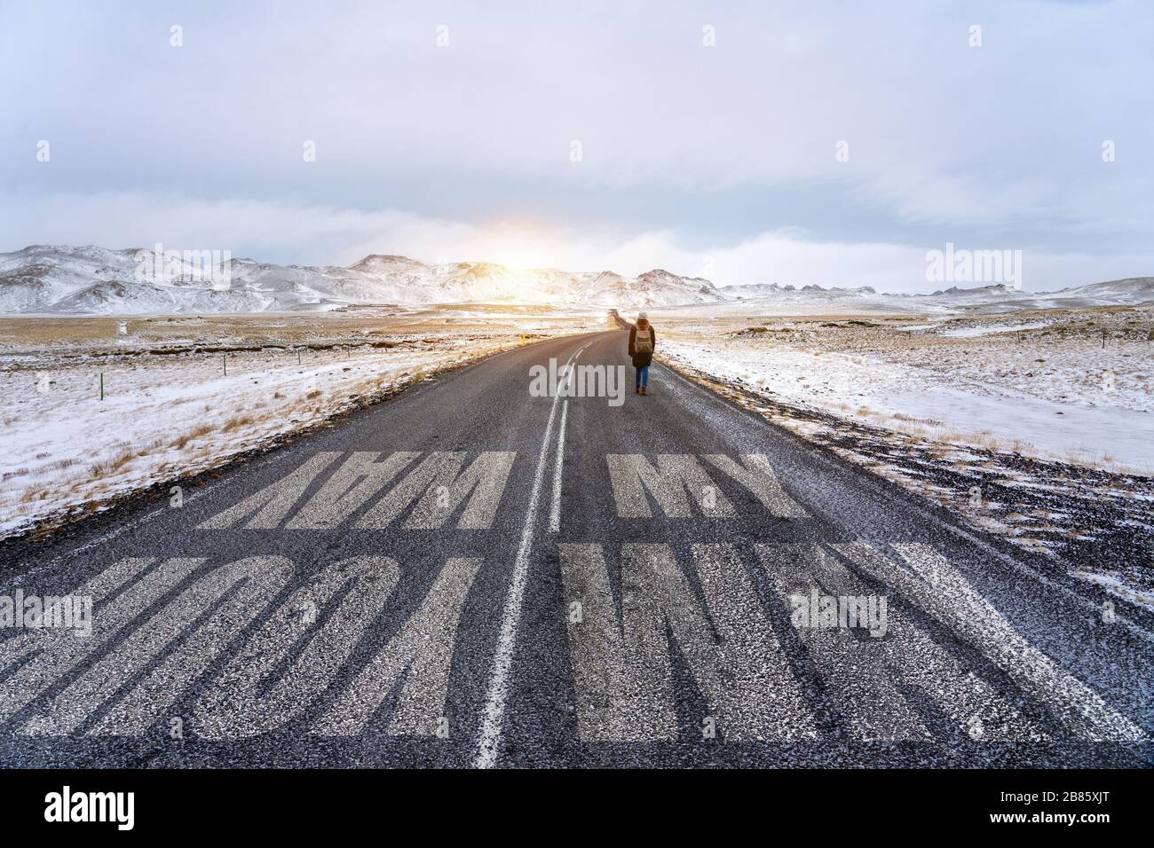 Your way my way sign on the road concept of find your own way in your life and everybody has a different way on the road woman with backpack Stock Photo