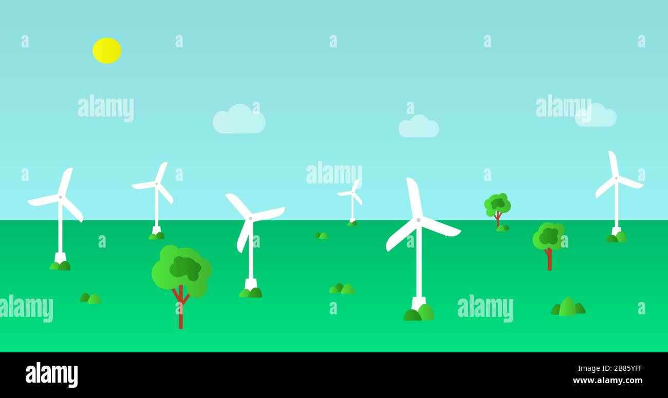 Green eco concept - wind energy. Field with wind turbines - vector ...