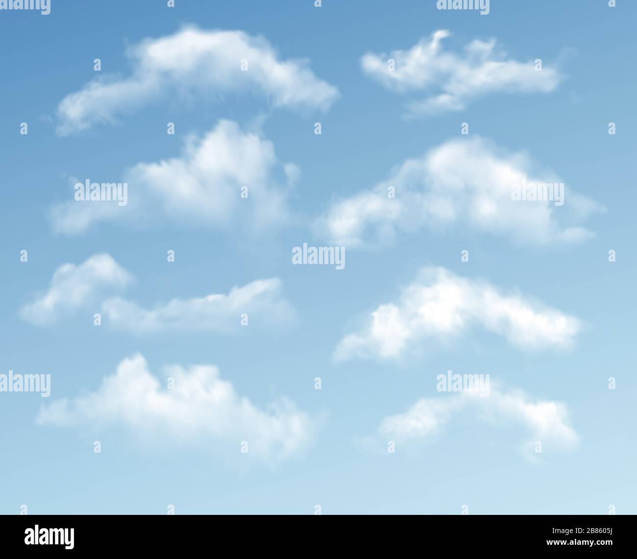 Set of transparent different clouds isolated on blue background. Real transparency effect. Vector illustration Stock Vector
