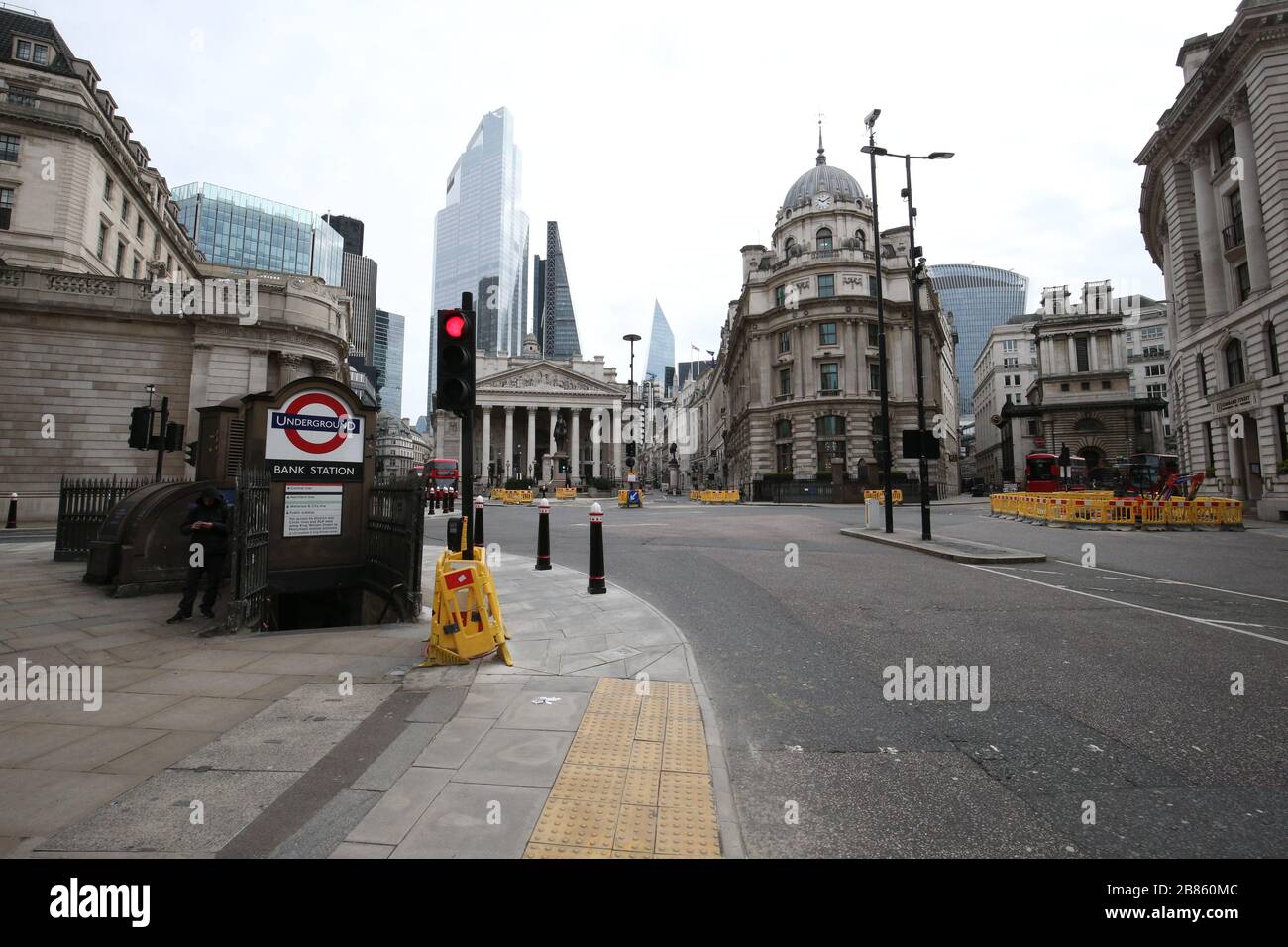 Empty streets around Bank Underground station in London. Stock Photo