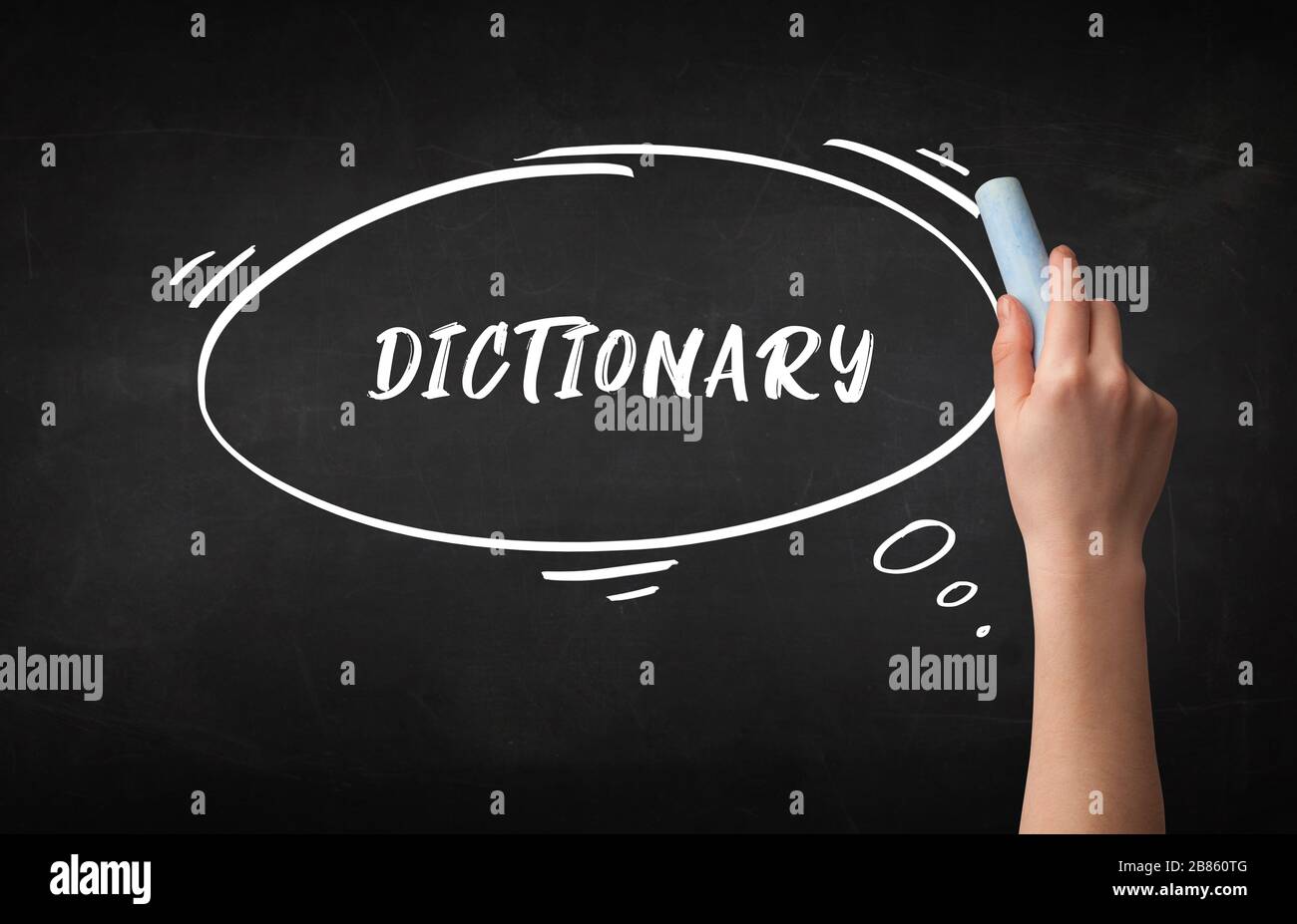 Hand drawing DICTIONARY inscription with white chalk on blackboard