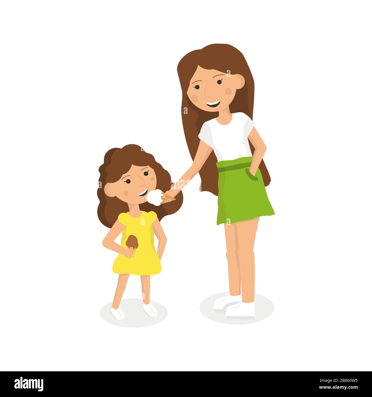 Kids eating ice cream. Two girls in modern clothes eat ice cream. Older sister treats younger ice cream Stock Vector