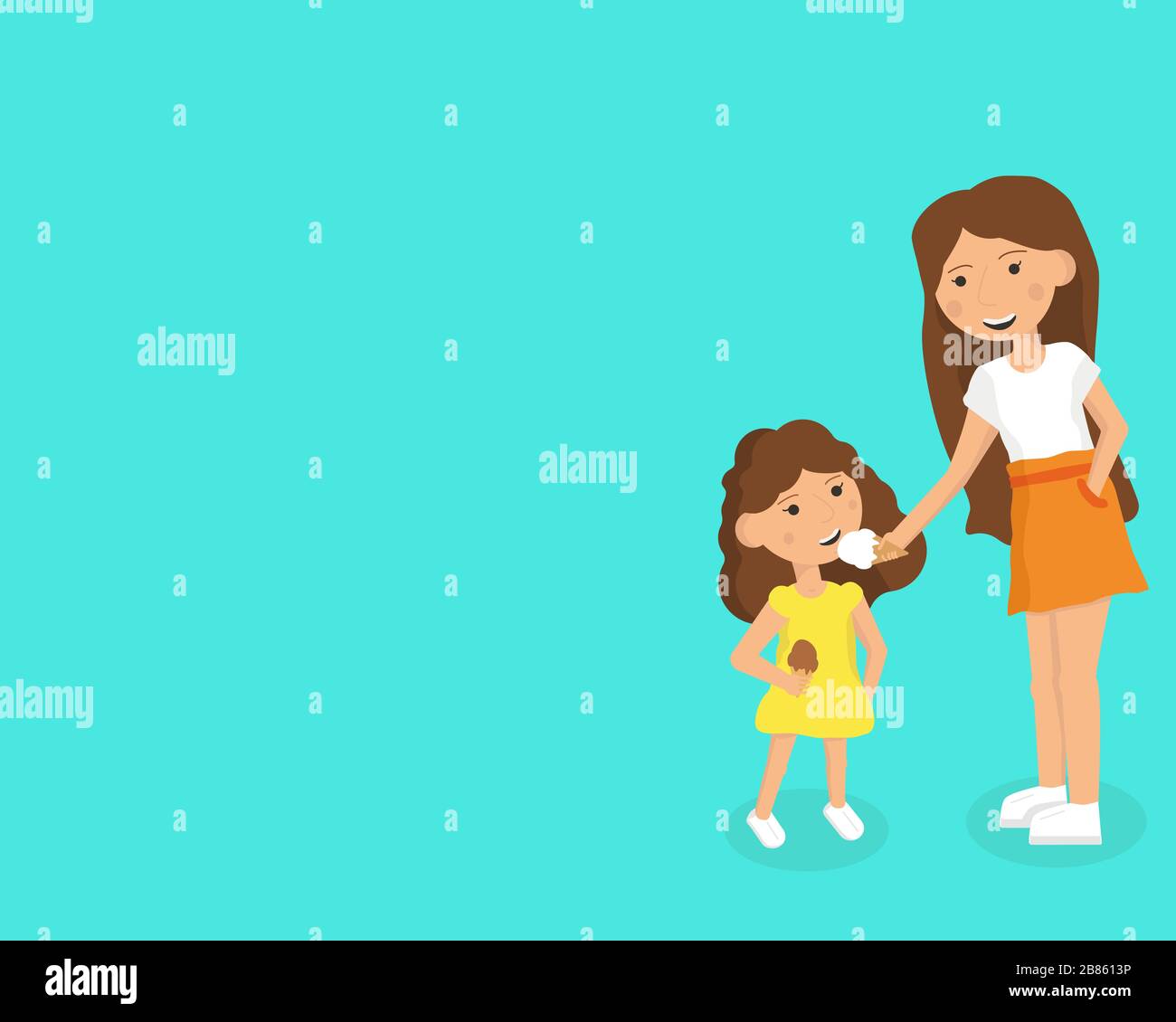 Kids eating ice cream. Two girls in modern clothes eat ice cream. Older sister treats younger ice cream. Free space Stock Vector